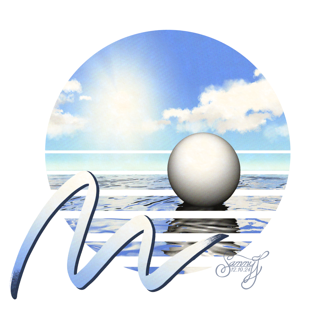 3D modeled artwork featuring a sphere floating on the surface of water