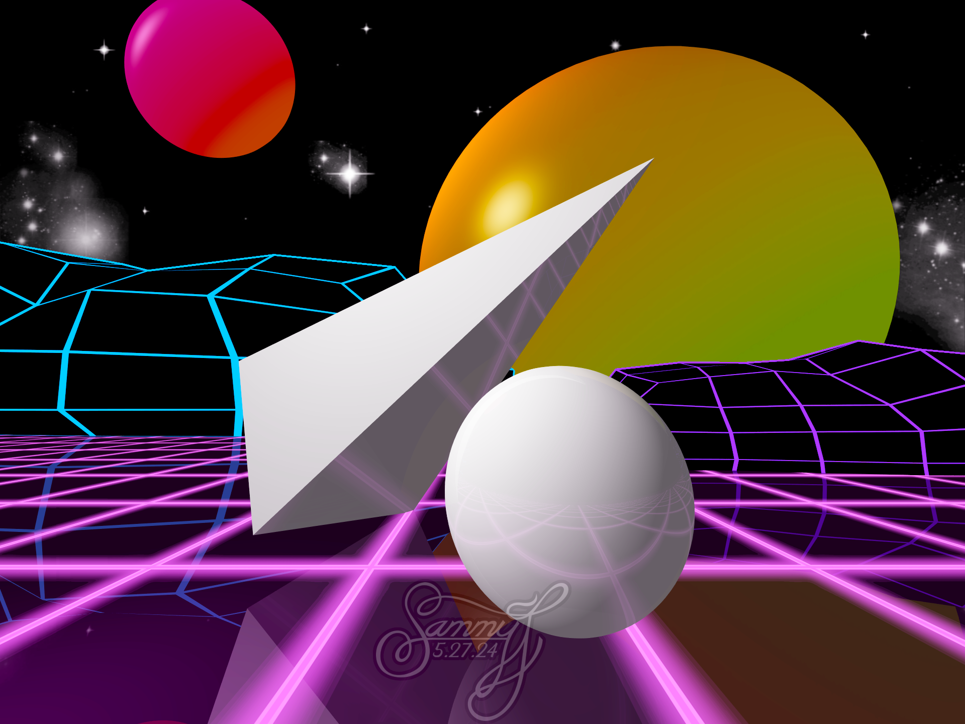 3D modeled artwork featuring geometric shapes suspended above a neon grid with polygonal mountains and planets in the background