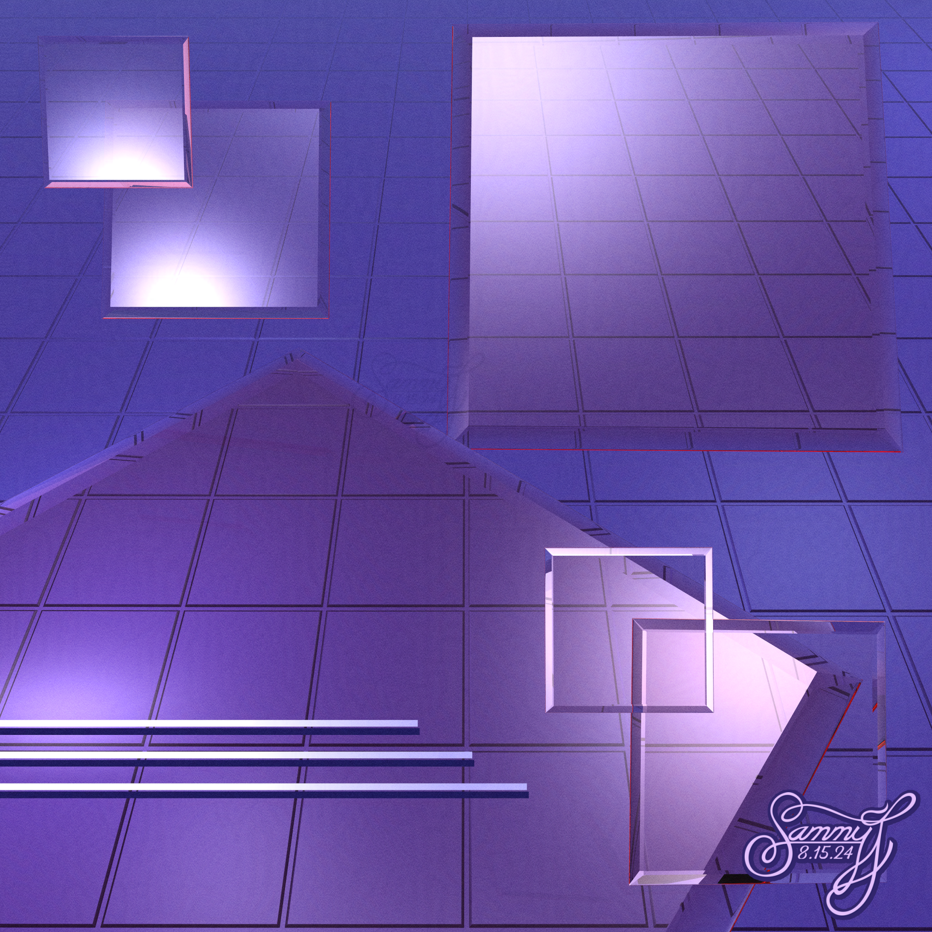 3D modeled artwork featuring floating transparent tiles over a purple background