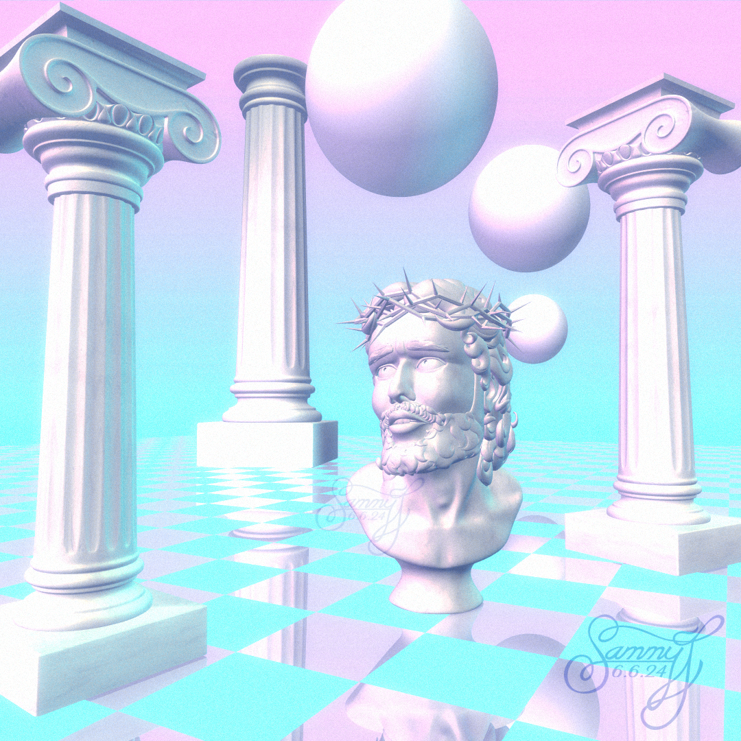 3D modeled artwork featuring a sculpted bust of Jesus Christ surrounded by Greek pillars and hovering spheres on a checkered reflective tile floor