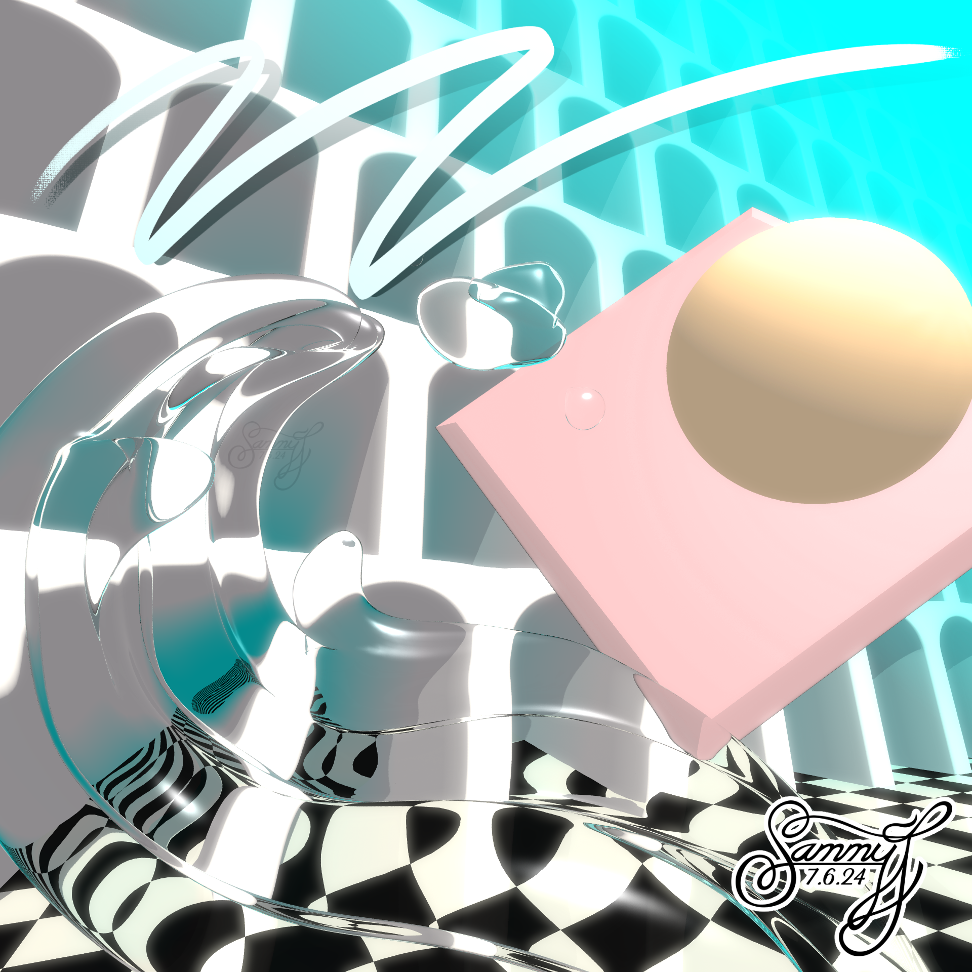 3D modeled artwork featuring geometric shapes suspended in front of infinite archways