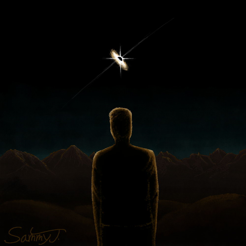 Painting of a man with his back to the camera, looking up at a night sky with a black hole looming above.