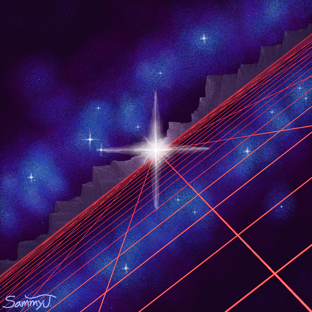 Painting of a red grid with mountains in the distance, a galaxy in the sky, and a very large bright star illuminating the center.
