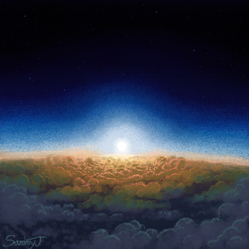 Painting of a sunset from the point of view of outer space.