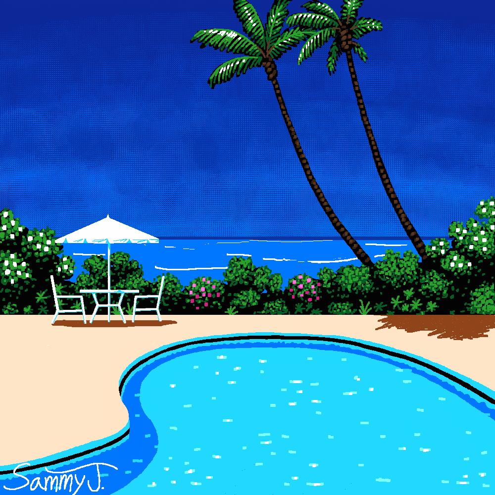 Stylized painting of a pool bathed in strong sunlight with palm trees, vegetation, and the ocean in the background.