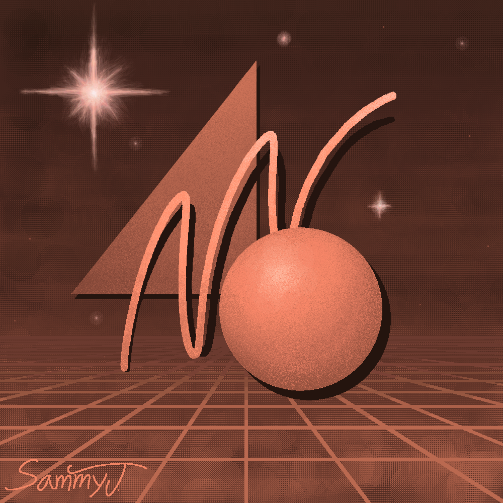 Painting of geometric shapes and curved lines floating above a grid in front of a night sky. The painting is colored entirely in shades of orange.