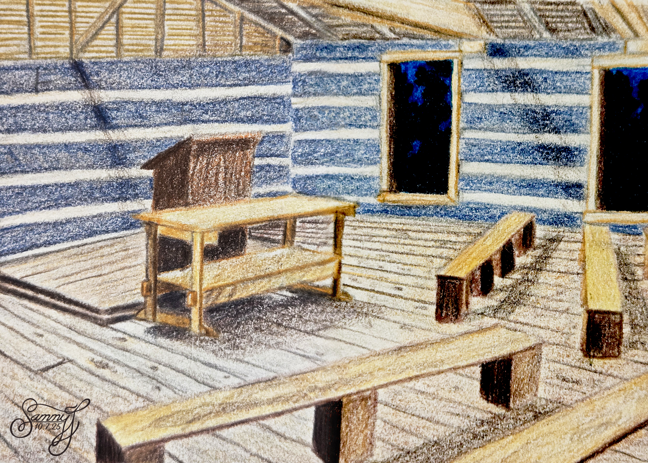 Colored Pencil drawing of the inside of a church at night.