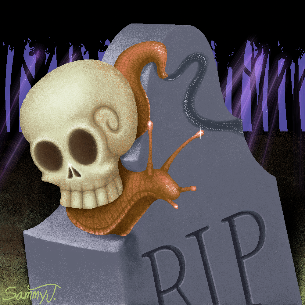 Painting of a snail with a shell resembling a human skull, crawling across a gravestone.