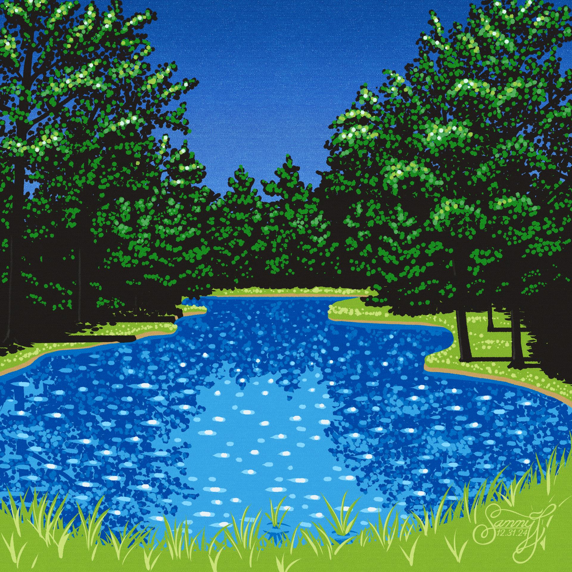 Stylized painting of a pond surrounded by trees in strong sunlight.