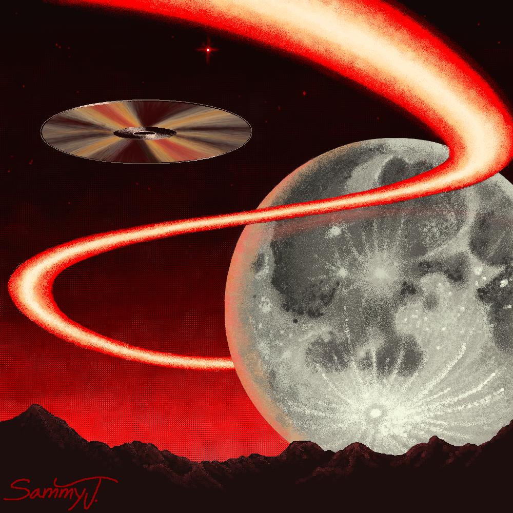 Painting of a large moon in a red sky with a red laser beam. A compact disc mysteriously floats in the background.