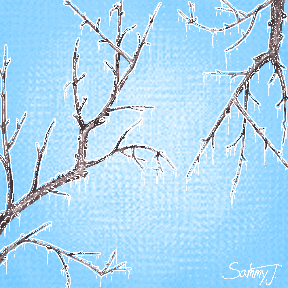 Painting of tree branches coated in clear ice after freezing rain.