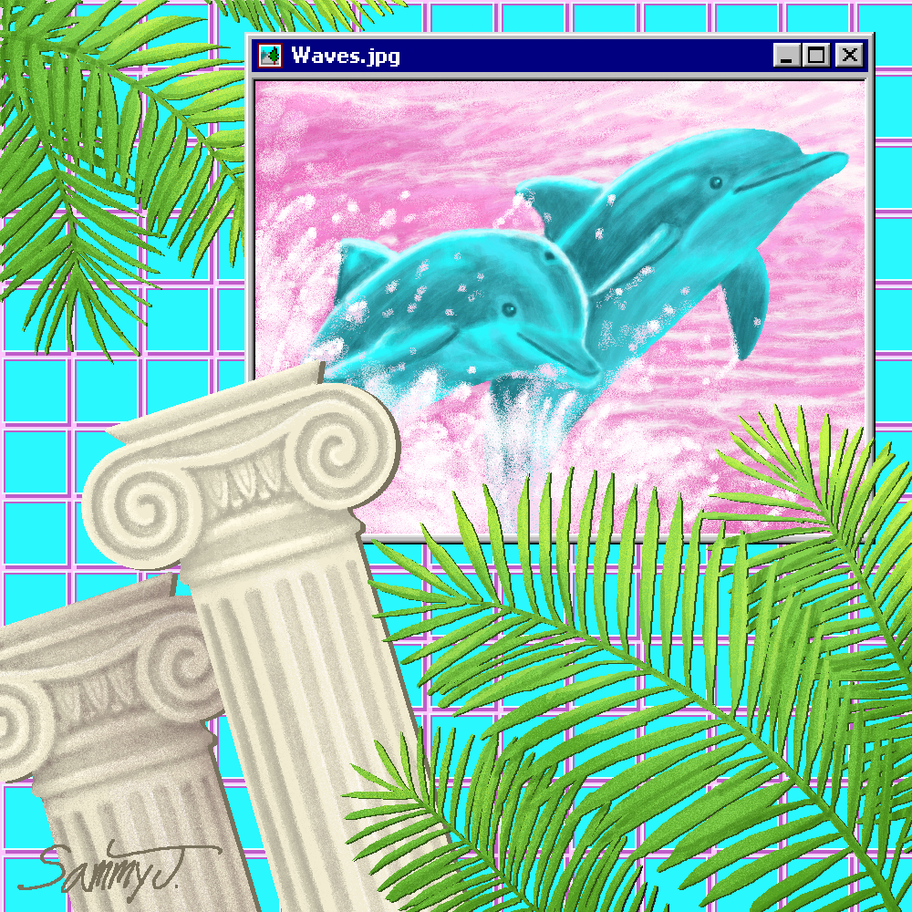 Painting of Greek pillars and palm fronds in front of a painting of dolphins framed in a Windows 95 window.