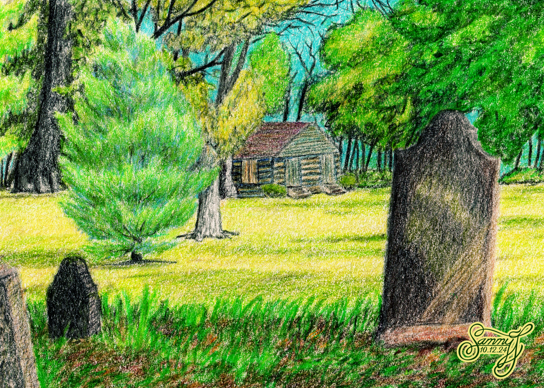 Colored Pencil drawing of an outdoor scene with trees, a church, and a gravestone.